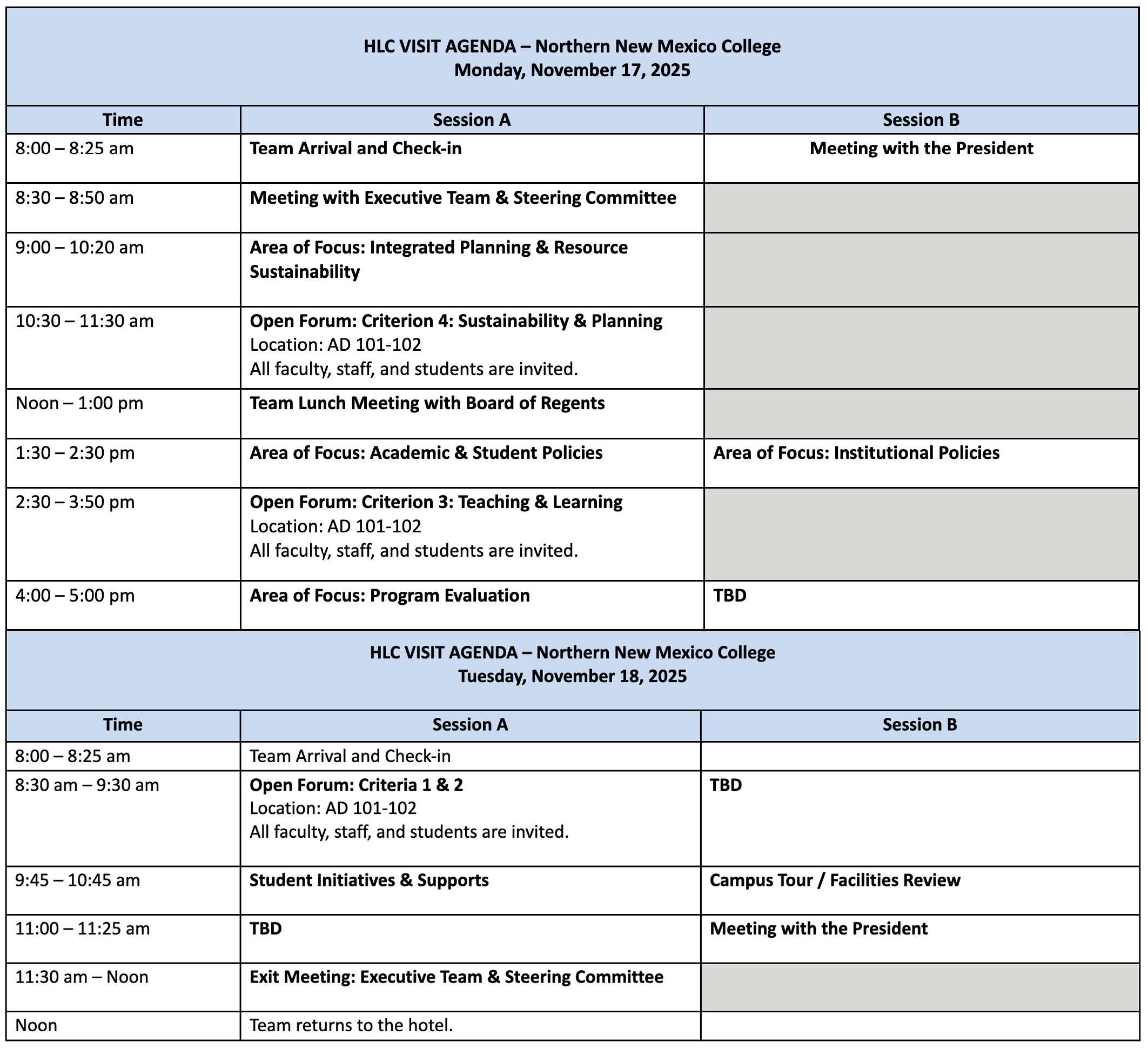 HLC Visit Agenda